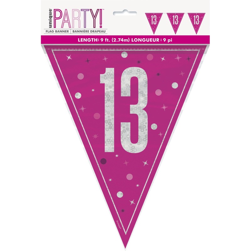 Pink Glitz Age 13 Flag Banner