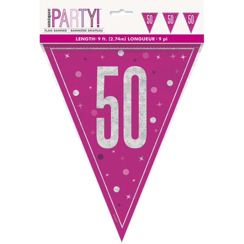 Pink Glitz Age 50 Flag Banner