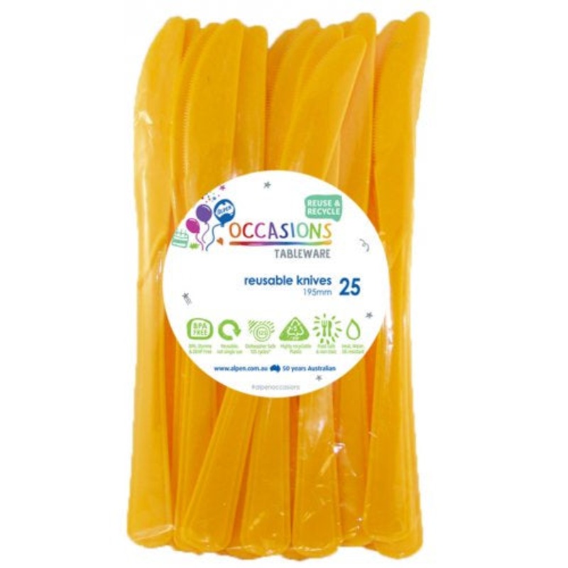 Yellow Reusable Plastic Cutlery Knives Knife 20pk
