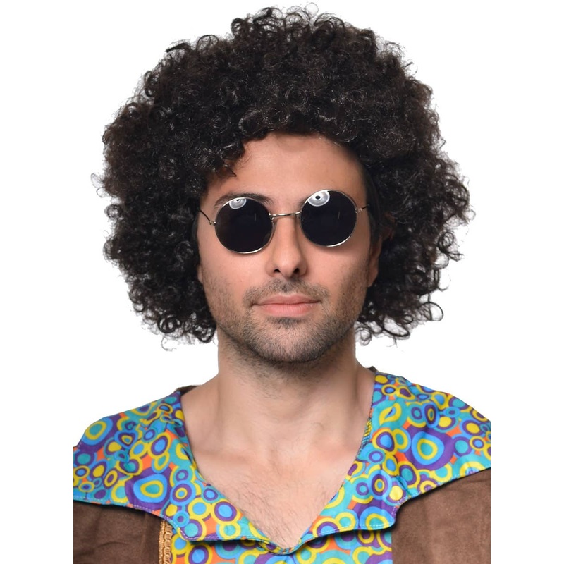 1970s Hippie Mens Natural Black Afro Costume Wig