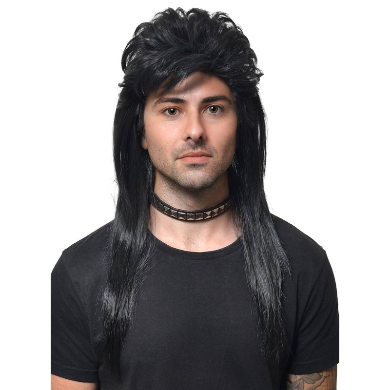 Classic Long Black Mullet Mens Costume Wig