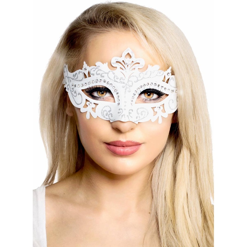 Cut Out White Masquerade Mask with Rhinestones