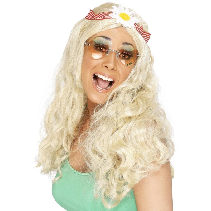 Groovy Hippie Womens Long Blonde Curly Costume Wig