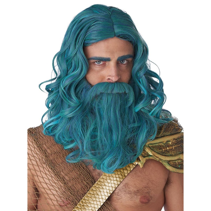 Ocean King Mens Sea Blue Costume Wig and Beard Set