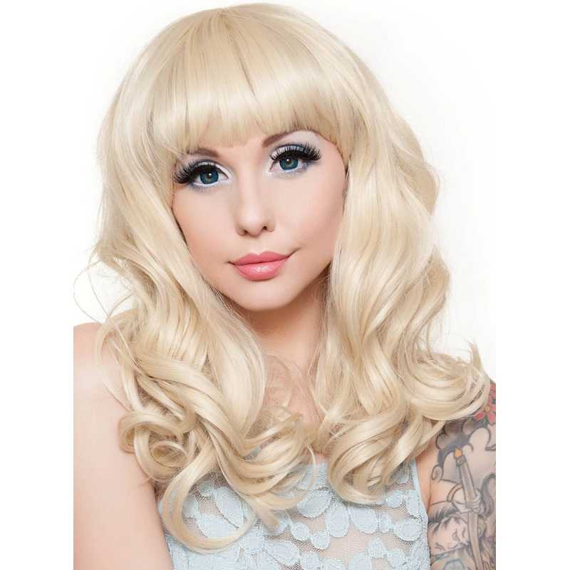 Pin Up Curly Blonde Womens Fashion Wig with Bangs