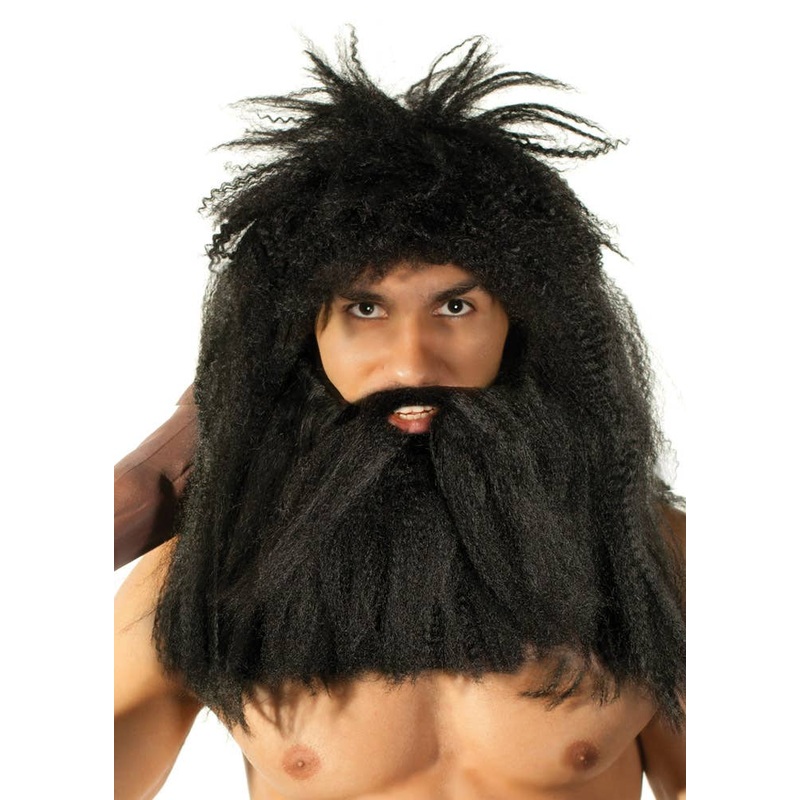 Prehistoric Caveman Mens Black Wig and Beard Set