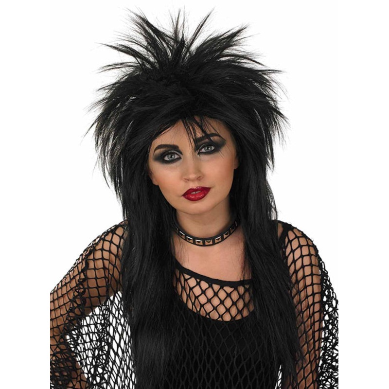 Spikey Black Adults 1980s Glam Rocker Costume Wig