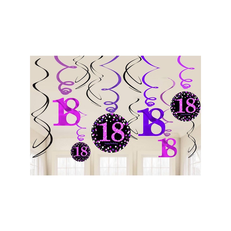 18th Birthday Pink and Black Spirals Hanging Decorations