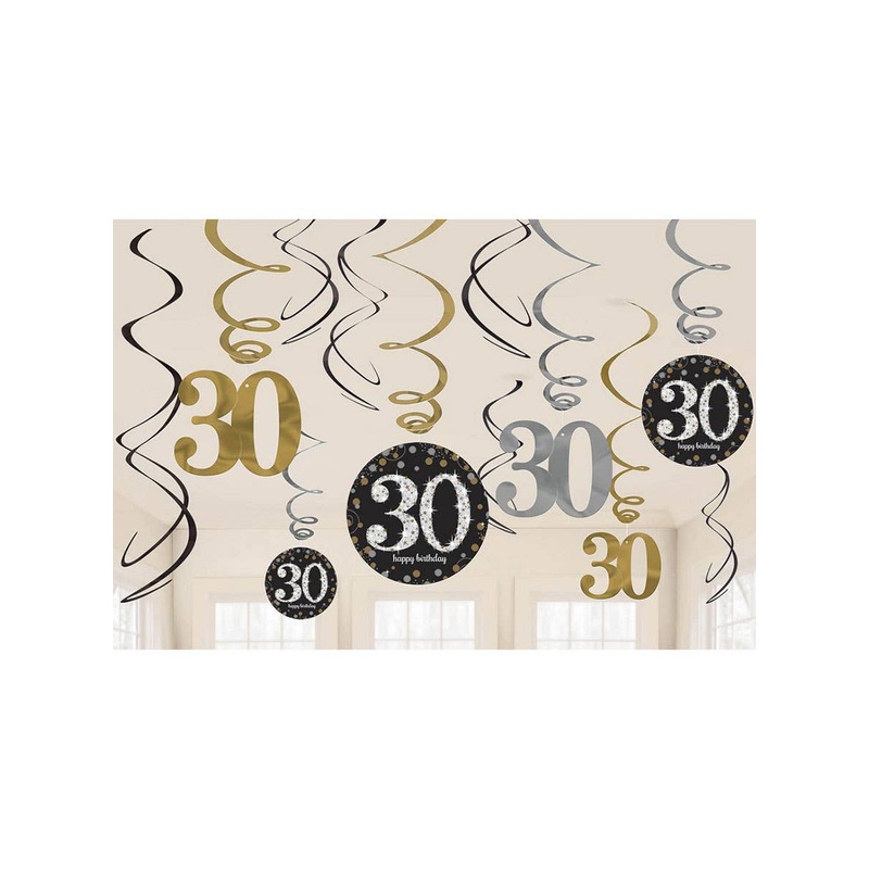 30th Birthday Black and Gold Hanging Spirals Decoration