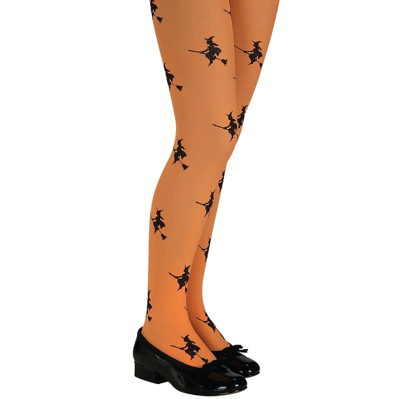 Full Length Orange Girls Black Glitter Witch Stockings