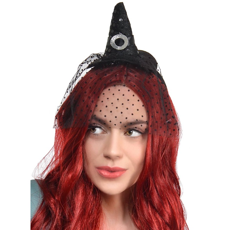 Mini Black Witch Hat with Black Polka Dot Veil