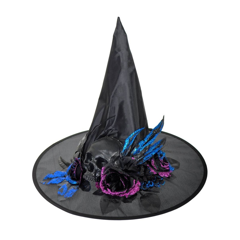 Pointy Black Witch Hat with Glitter Skull and Flowers