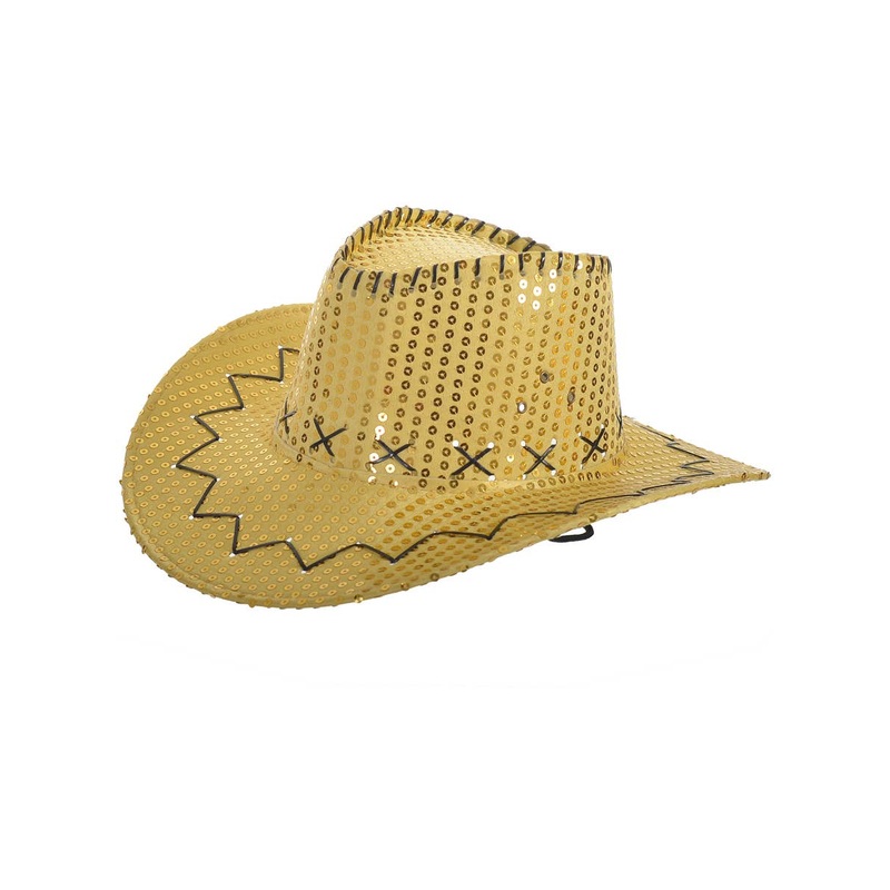 Sparkly Gold Sequin Cowboy Festival Hat with Black Trim