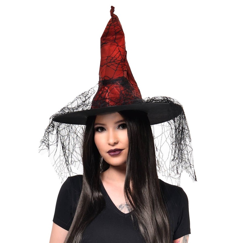 Spiderweb Witch Red and Black Lace Halloween Costume Hat