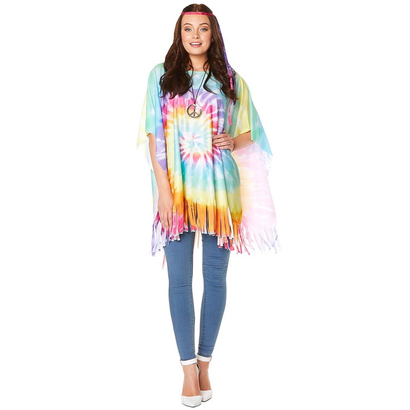 Tie Dye Hippie Womens 1960s Costume Poncho and Headband