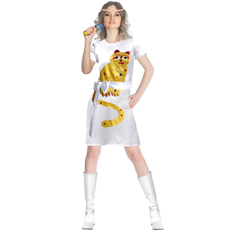 ABBA Womens White Costume Dress with Gold Cat
