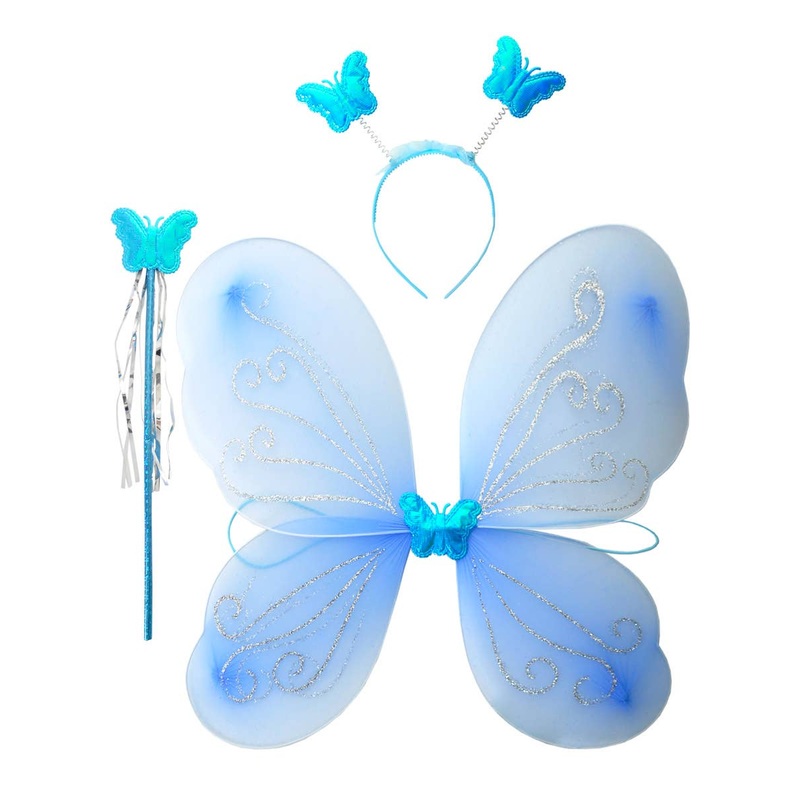 Glittery Blue Butterfly Girls 3 Piece Fairy Accessory Set