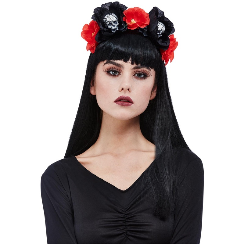 Halloween Skull and Rose Womens Red and Black Headband