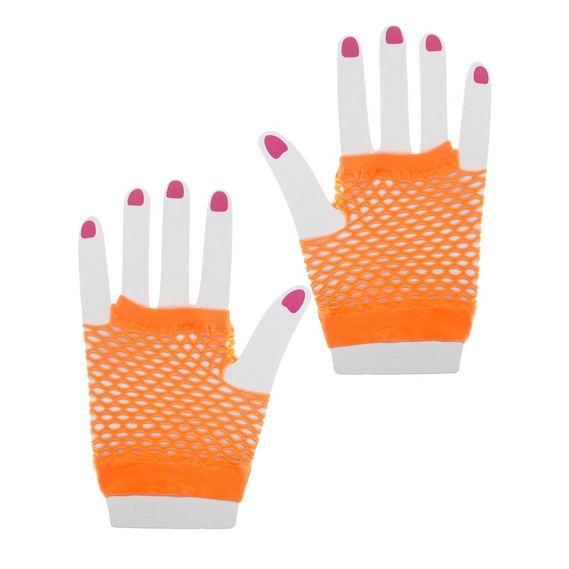 Short Fingerless Neon Orange Fishnet Costume Gloves
