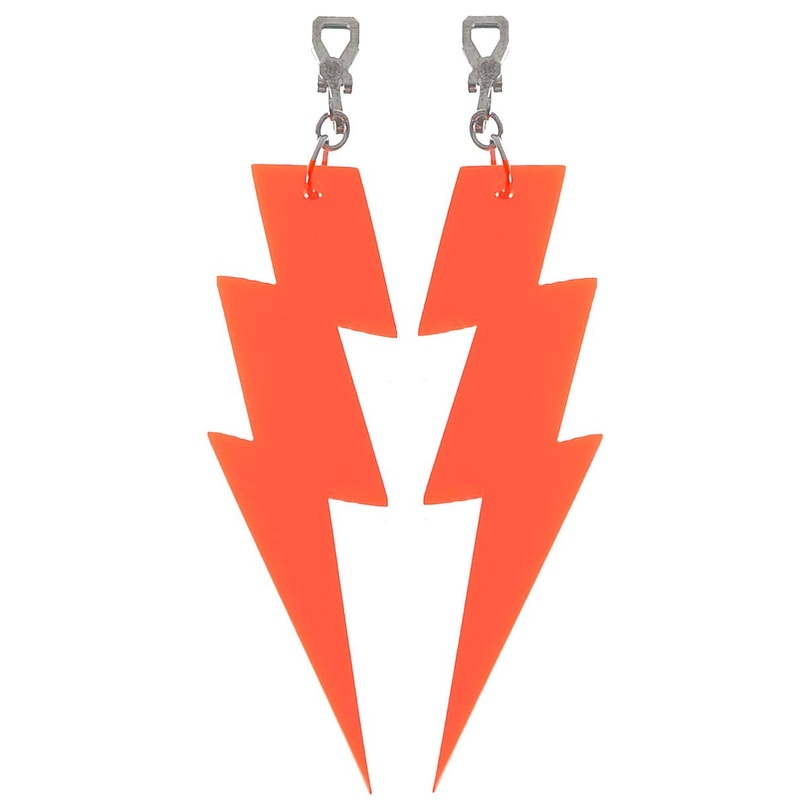 Small Neon Orange Lightning Bolt 80s Costume Earrings