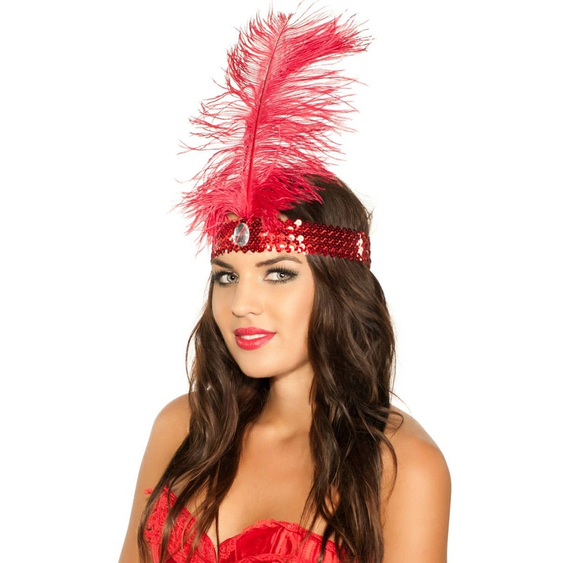 1920s Red Sequin Flapper Headband with Red Feather