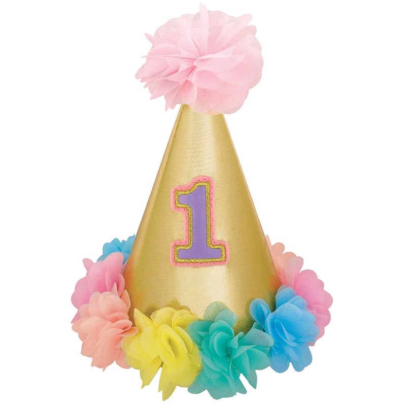 1st Birthday Girl Deluxe Pastel Cone Party Hat