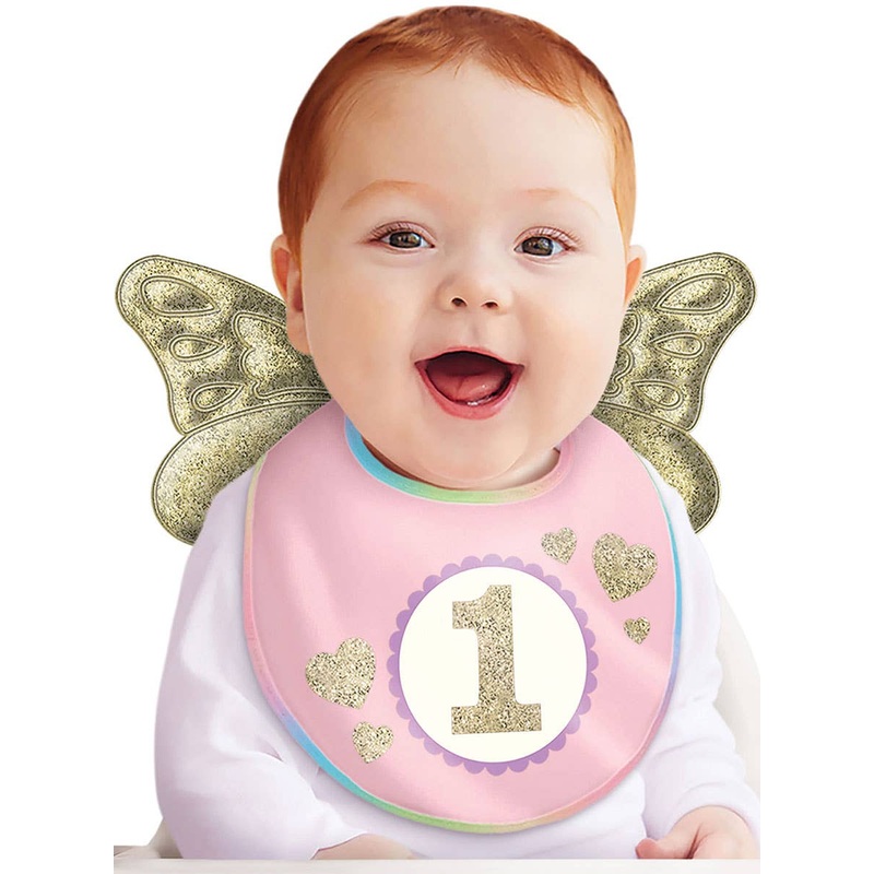 1st Birthday Girl Pink Bib with Wings