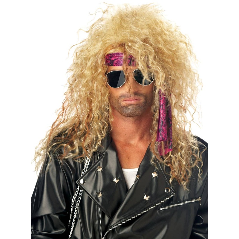 80s Rocker Mens Long Blonde Curly Costume Wig