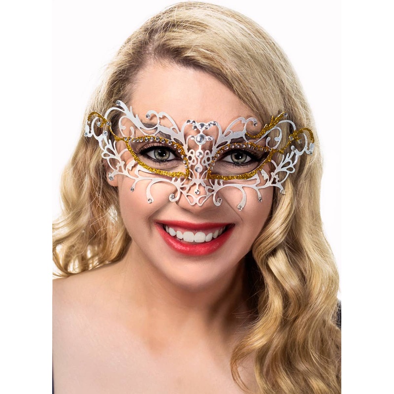 Antique Deluxe White and Gold Metal Masquerade Mask