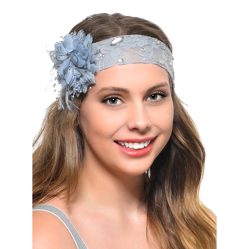 Beaded Grey Lace Floral 1920s Gatsby Headband Costume Accessory
