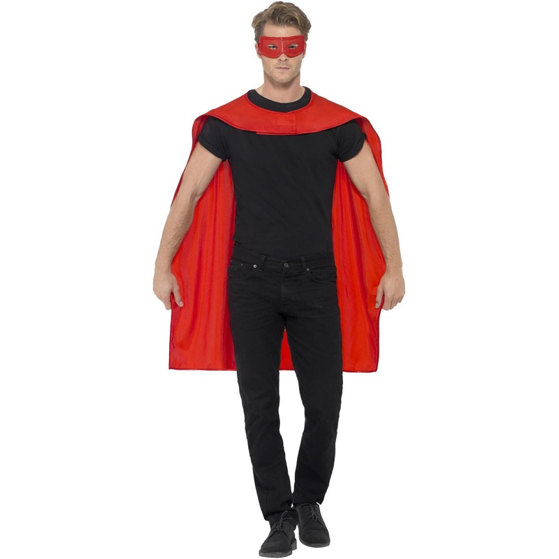 Classic Red Superhero Mens Costume Cape And Mask Set