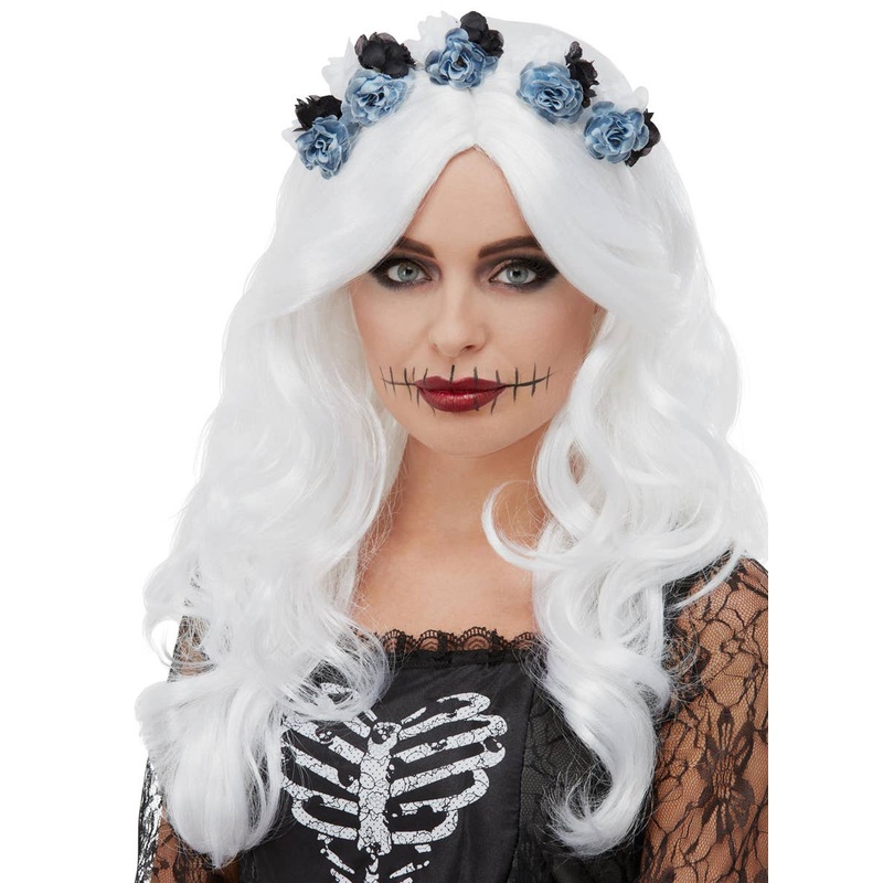 Day of the Dead Womens White Costume Wig with Blue Roses