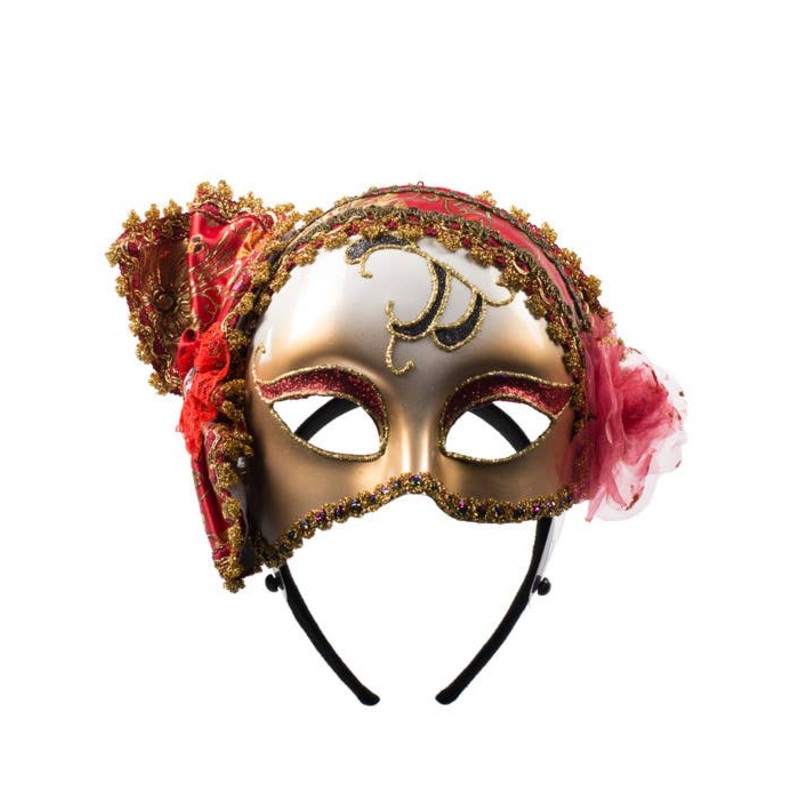 Deco Red and Gold Brocade Masquerade Mask on Headband
