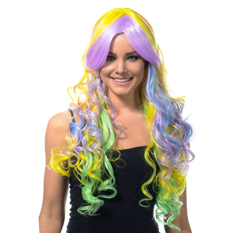Deluxe Pastel Rainbow Long Curly Womens Costume Wig