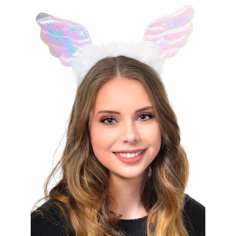 Iridescent Angel Wings Costume Headband with Feather Trim