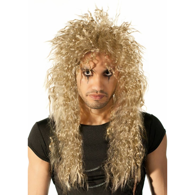 Long 1980s Crimped Blonde Rocker Mens Costume Wig