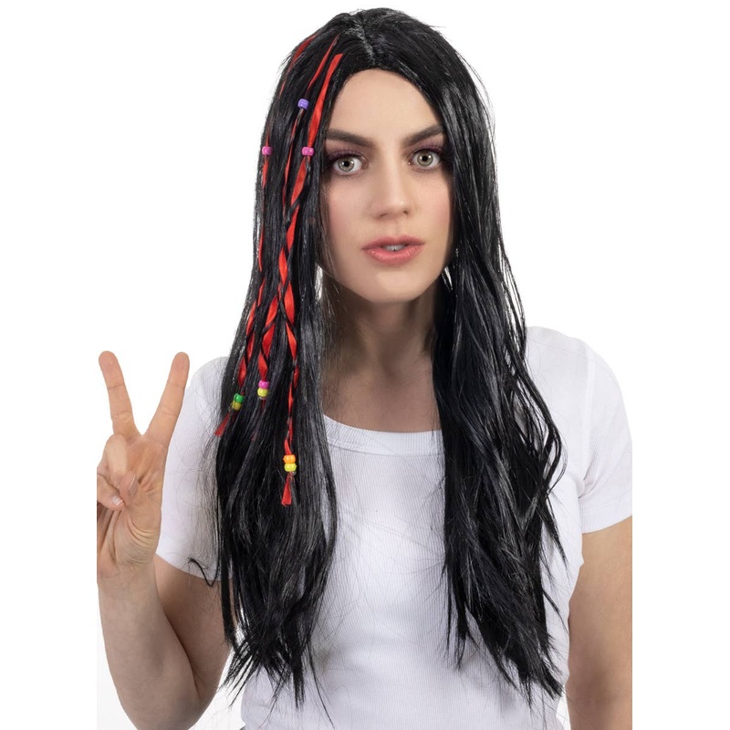 Long Black Womens Hippie Costume Wig with Beads
