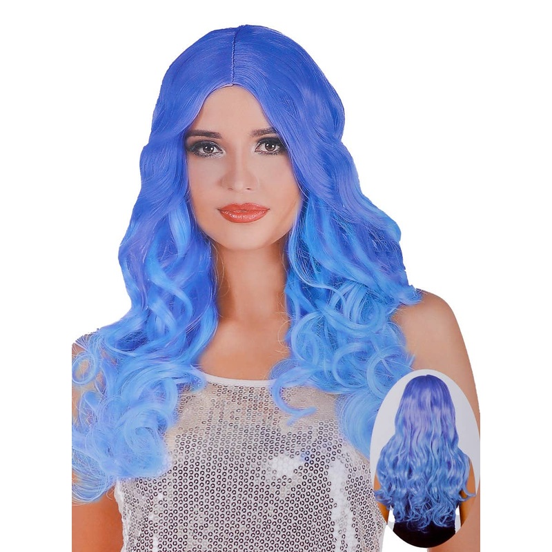 Long Blue Ombre Womens Curly Costume Wig