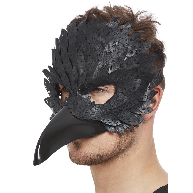 Long Nose Mens Black Raven Masquerade Mask