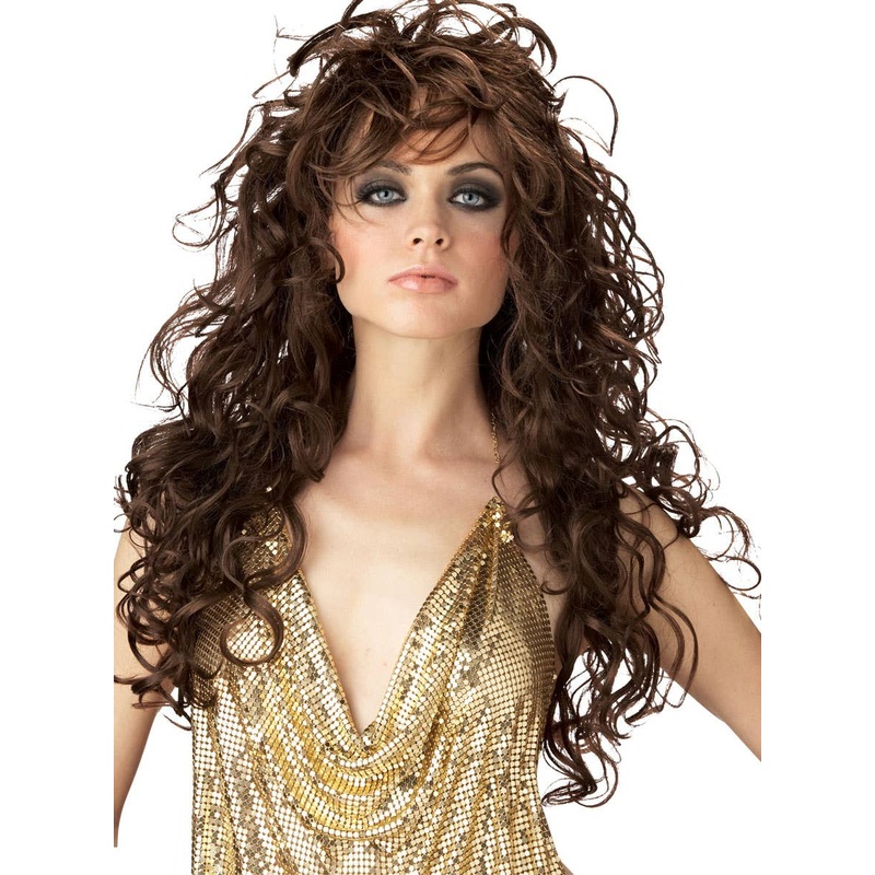 Seduction Womens Long Curly Brown 70s Costume Wig