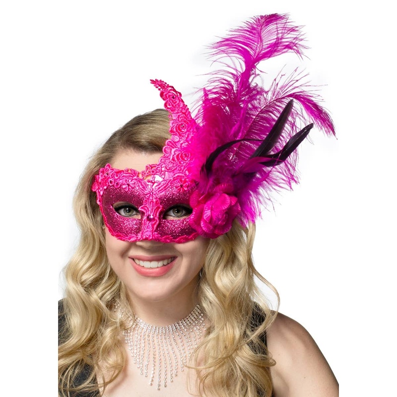 Side Feather Hot Pink Lace and Glitter Masquerade Mask