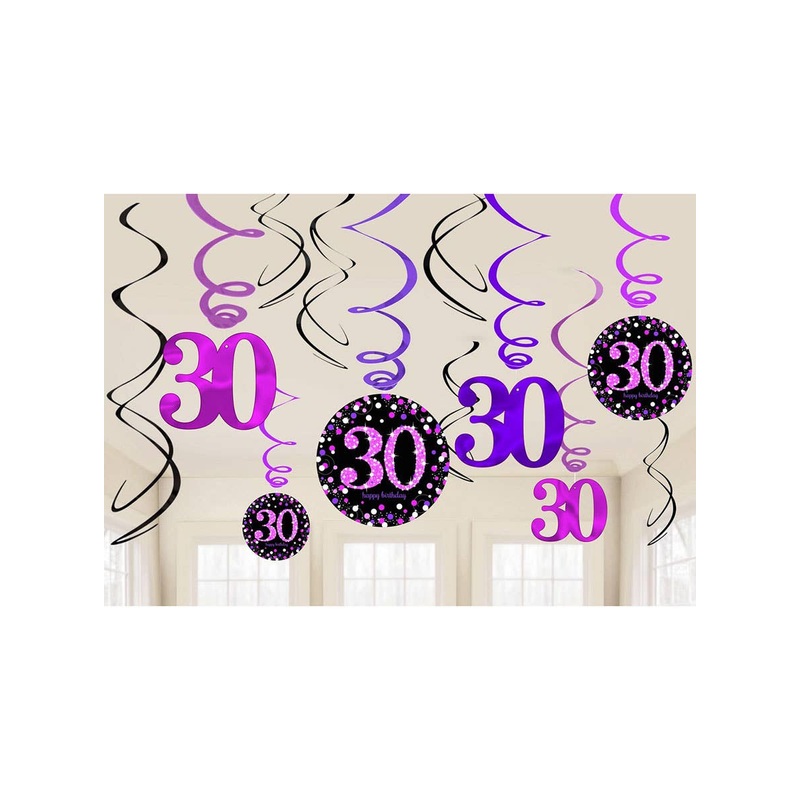 30th Birthday Pink and Black Hanging Spirals Decoration