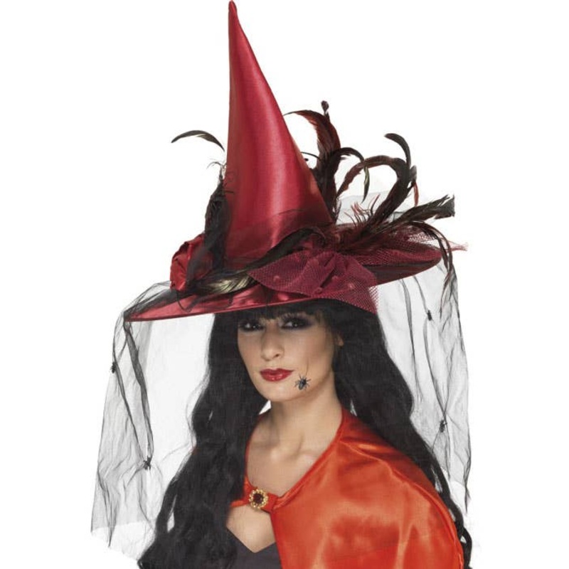 Elaborate Blood Red Satin Halloween Witch Hat
