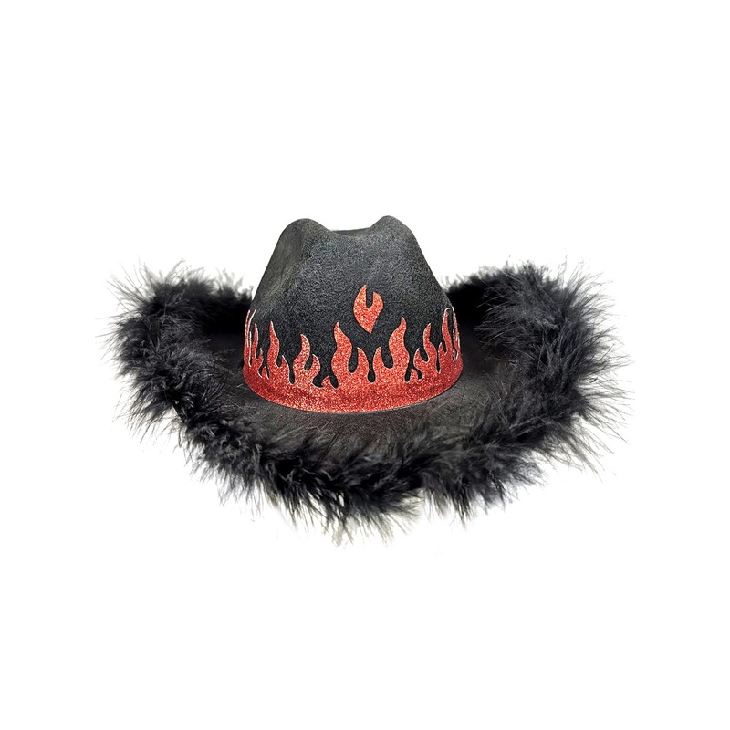 Feather Trim Black Cowboy Costume Hat With Red Glitter Flames