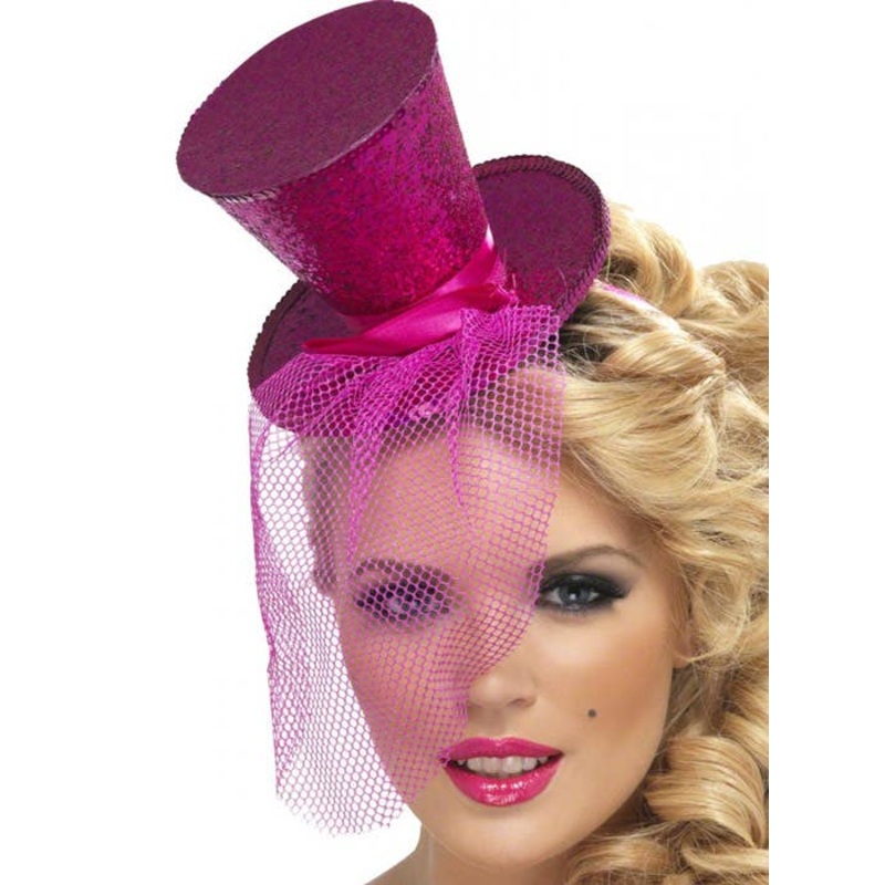 Fever Pink Glitter Mini Top Hat on Headband