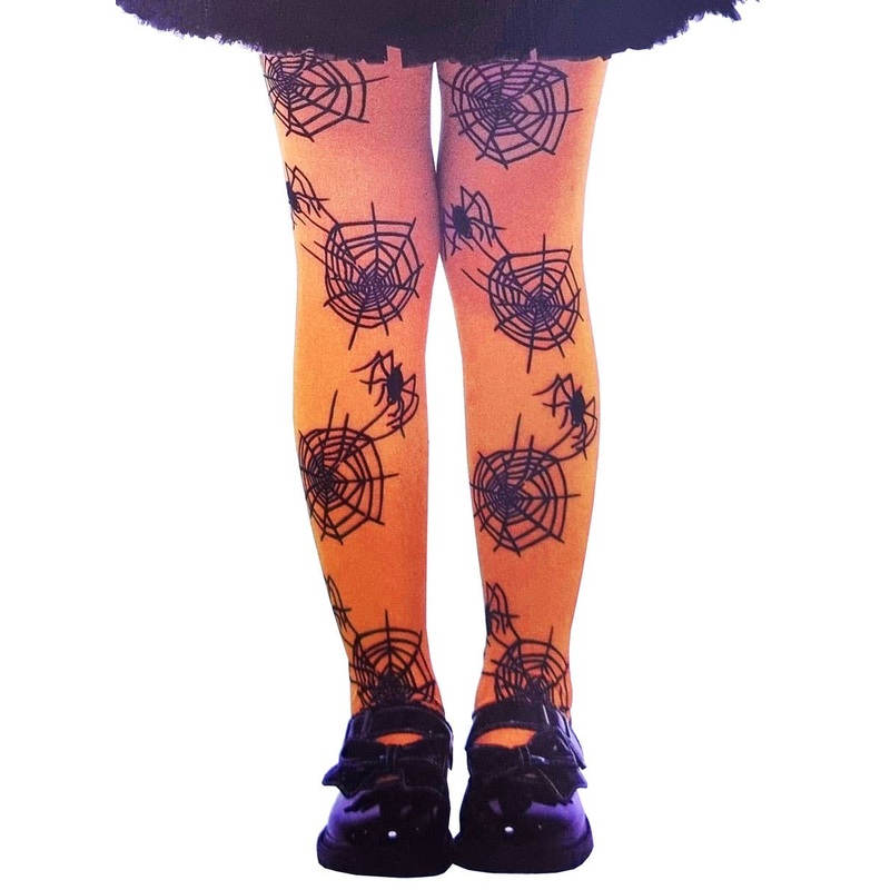 Full Length Orange Spider Web Print Girls Halloween Stockings