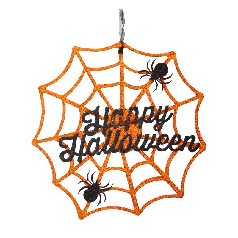 Happy Halloween Orange Glitter Web Hanging Decoration