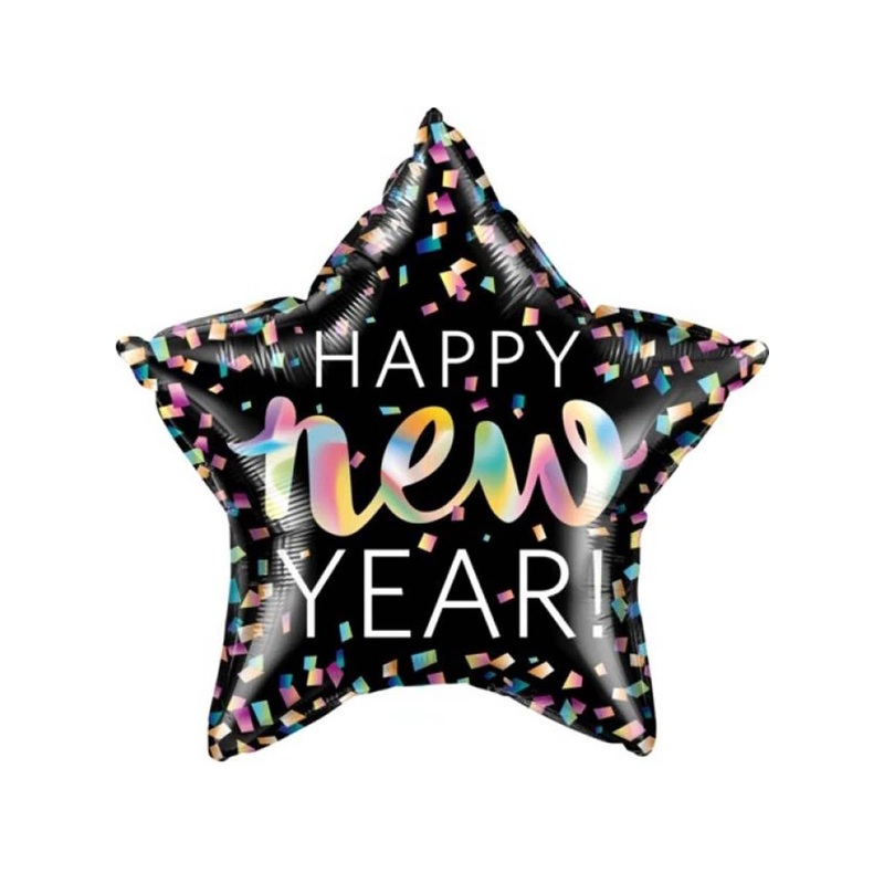 Iridescent Confetti Black Star Happy New Year 50cm Foil Balloon