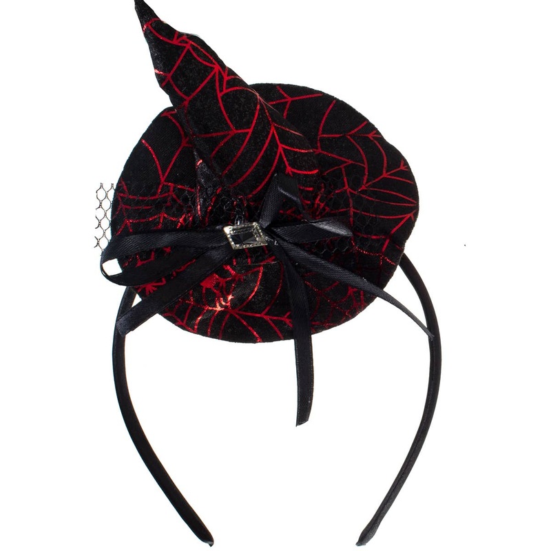 Spiderweb Print Mini Black Witch Hat on Headband