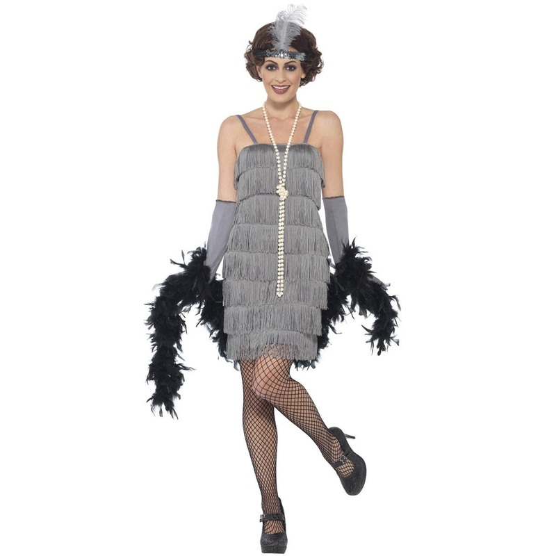 1920s Short Grey Fringed Womens Flapper Dress Costume